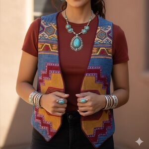 Vintage Hairston Roberson Embroidered Denim Vest South Western Boho Aztec